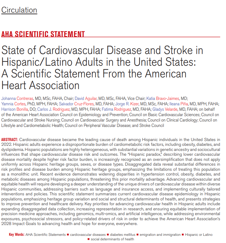 AHAScience's tweet photo. Cardiovascular disease became the leading cause of death among Hispanic individuals in the United States in 2022.

This scientific statement summarizes current CVD epidemiology in Hispanic populations, highlighting differences across heritage groups, the impact of social and structural determinants of health, and strategies to improve prevention and healthcare delivery. https://t.co/0FebtngW78