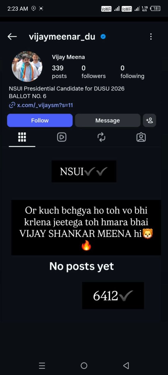 vimalmeena101's tweet photo. ABVP-RSS-BJP के नफ़रती गुंडों ने विजय शंकर मीणा का Instagram तक डिलीट कर दिया। इतनी बौखलाहट भी ठीक नहीं है। कल इसी तानाशाही और दबाव की राजनीति के ख़िलाफ़ DU का छात्र NSUI को वोट करेगा।
##VijayShankarForDUSU #DUSU2026
@Vijay_DUSU https://t.co/gi1l3GjVW7