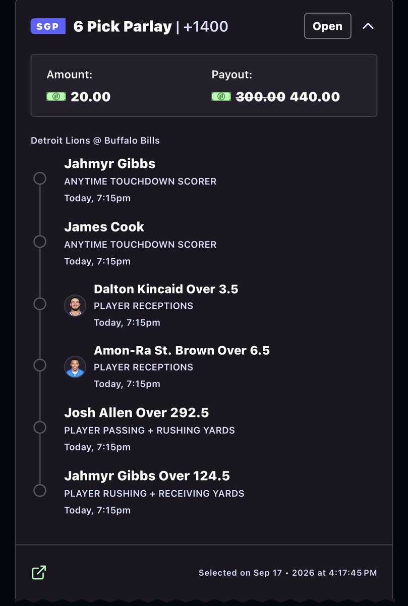 TheBigBalla11's tweet photo. Let’s stay hot for Primetime Football!

Bills -4.5 and the over at 53.5 otherwise! Also love Pitt vs Syracuse tonight!

First TD scorers:
Kincaid +1300
Jamo +1400

Little parlay to play too https://t.co/kWgMjr2zAV