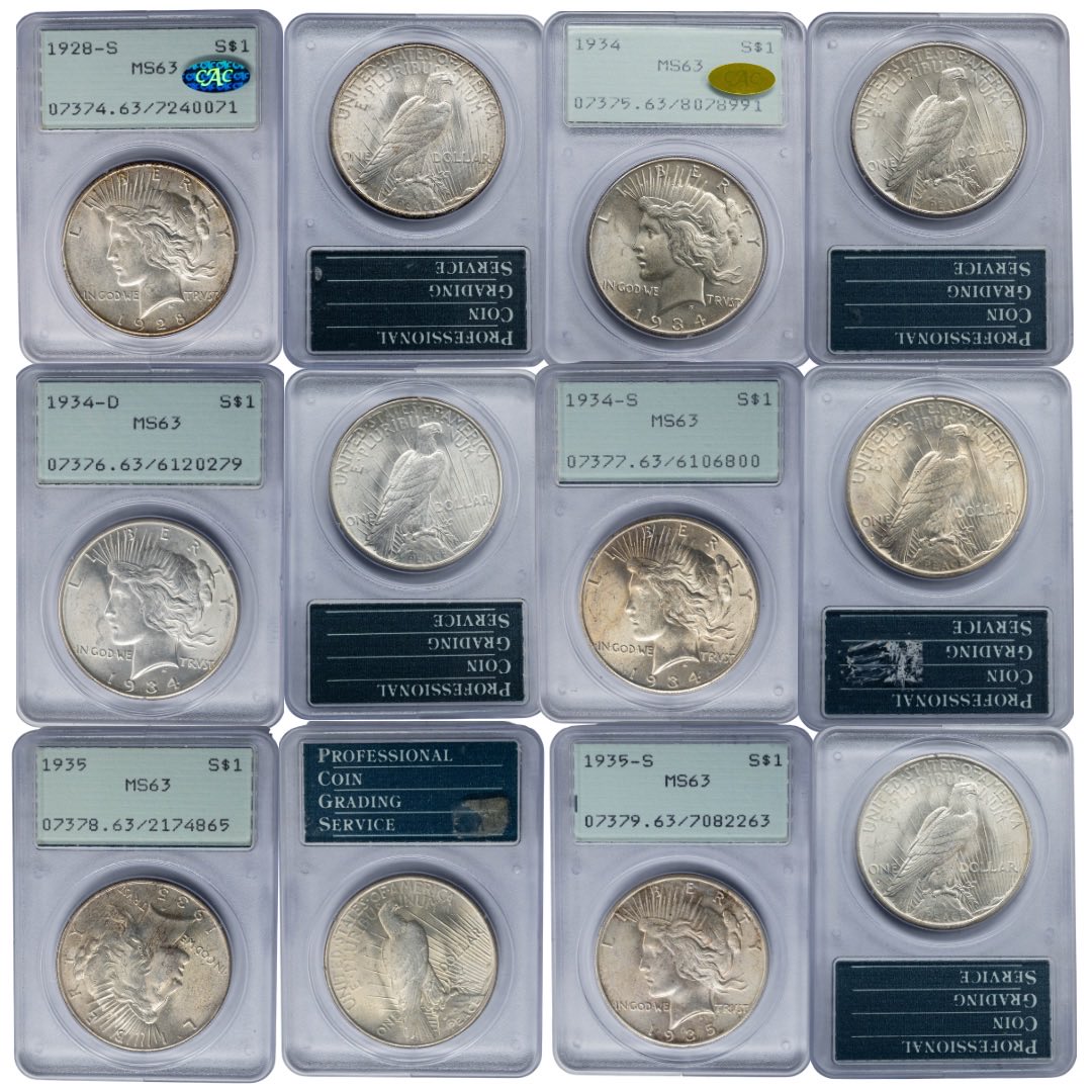 nfccoins's tweet photo. A collection of Peace Dollars with a little extra history, this set includes 24 Peace Dollars all MS63 spanning 1921–1935, and comes complete with its original boxes. 

Website: https://t.co/1o6jt2whZU

eBay: https://t.co/gl0bHbmtKk

#tnfc #peacedollar #pcgscoin #silvercoins https://t.co/AiU9MZ7t4z