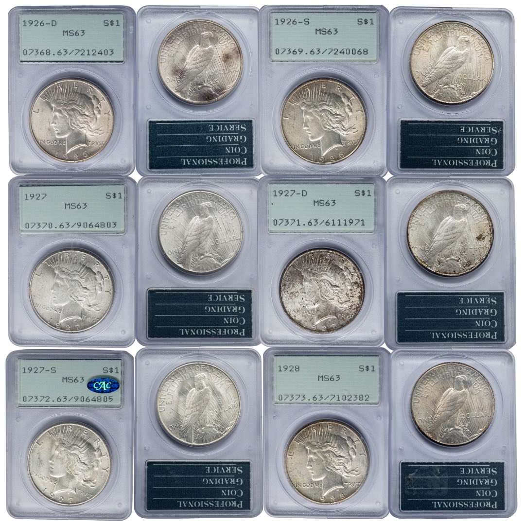 nfccoins's tweet photo. A collection of Peace Dollars with a little extra history, this set includes 24 Peace Dollars all MS63 spanning 1921–1935, and comes complete with its original boxes. 

Website: https://t.co/1o6jt2whZU

eBay: https://t.co/gl0bHbmtKk

#tnfc #peacedollar #pcgscoin #silvercoins https://t.co/AiU9MZ7t4z