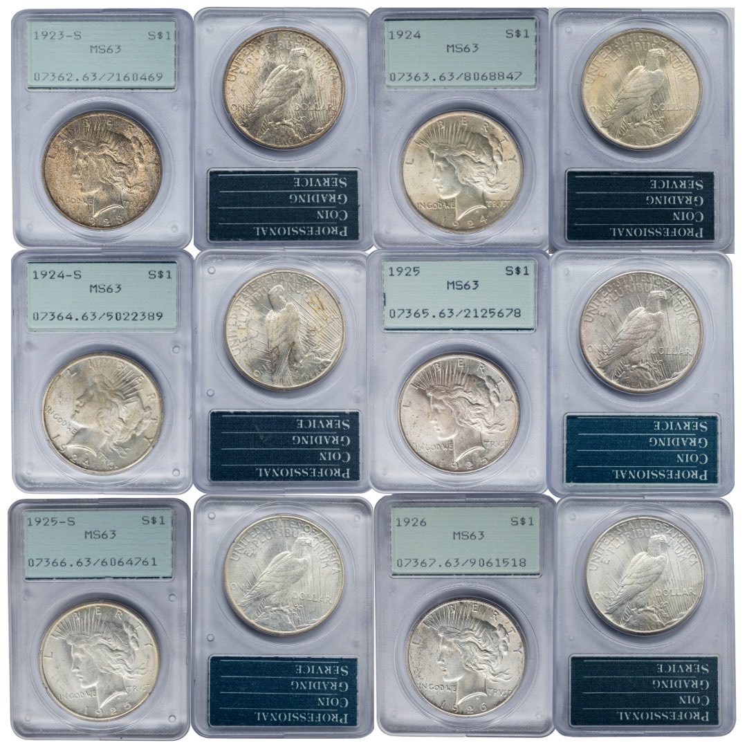 nfccoins's tweet photo. A collection of Peace Dollars with a little extra history, this set includes 24 Peace Dollars all MS63 spanning 1921–1935, and comes complete with its original boxes. 

Website: https://t.co/1o6jt2whZU

eBay: https://t.co/gl0bHbmtKk

#tnfc #peacedollar #pcgscoin #silvercoins https://t.co/AiU9MZ7t4z