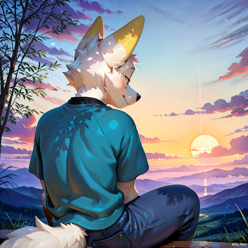 fly_AIart's tweet photo. A little fox enjoying the beautiful scenery under the sunset -2. 🦊🌅
#AI #AIart #furry #furryart https://t.co/975pCOjOjh