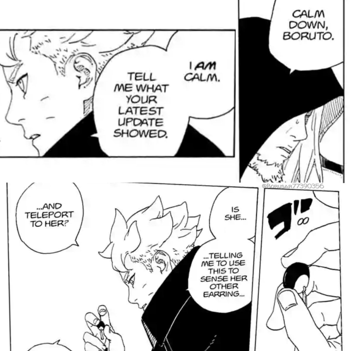 Borusar77830356's tweet photo. Look closely at his expression when he said "I'm calm," and the one he had when he found Sarada's earring...

Nah, he's not fooling anyone 😭😅

#borusara https://t.co/Aa7Bm4hQmw