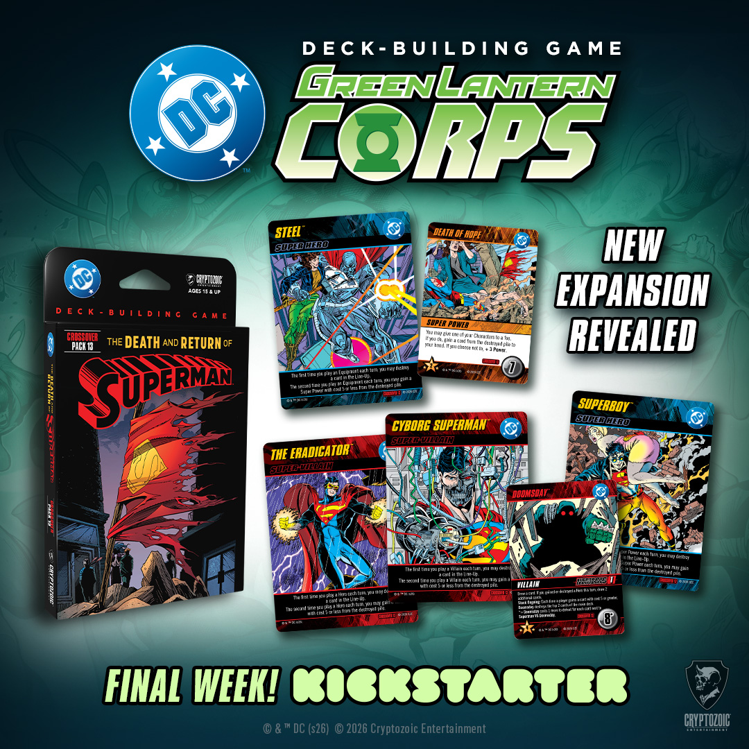Cryptozoic's tweet photo. The Death. The Return. The battle against Doomsday.

Discover Crossover Pack 13: The Death and Return of Superman, revealed as part of the Green Lantern Corps Kickstarter! https://t.co/bfajdExabA