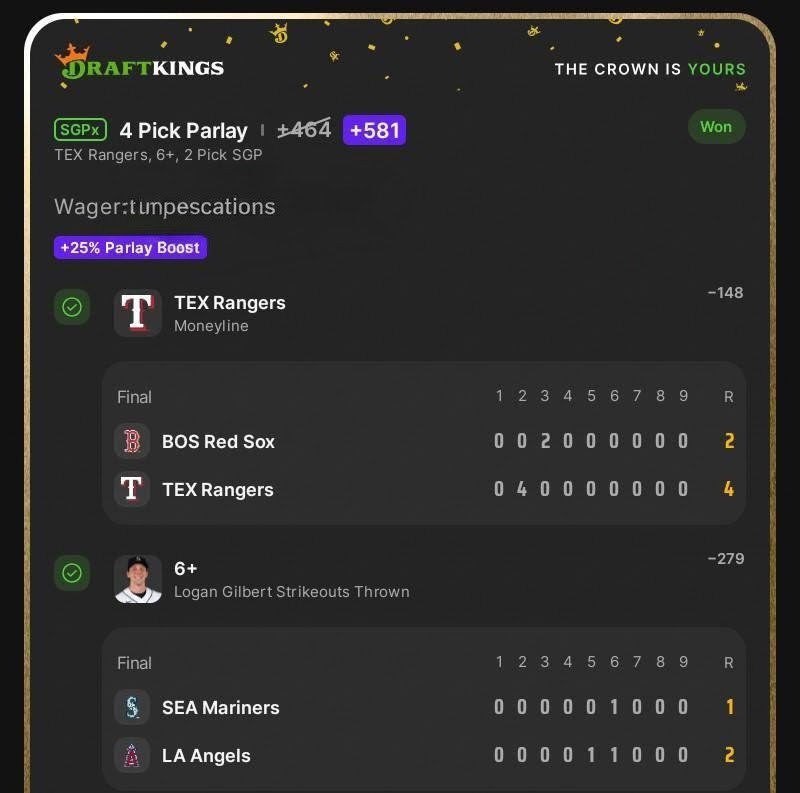 GottaGimmeProps's tweet photo. 4 leg and a biscuit 

+581
⚾09-15-26⚾
+581
#cleverbets #gottagimmeprops #betting #bet #sportsbetting   #gambling  #bettingsports #bettingpicks #bettingonline #win #bets #sportsbook #parlay #sportsgambling #bettingodds #onlinebetting #bettingpredictions https://t.co/uAh6So0h9q