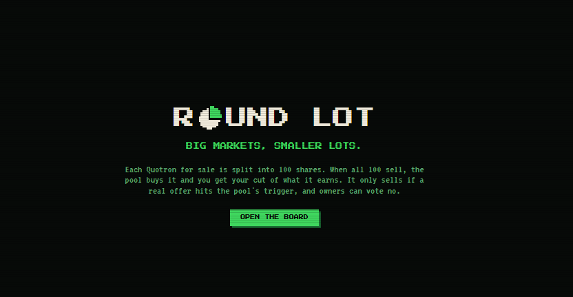 redlioneye's tweet photo. Is Quotron floor too high but you still want exposure for the ink airdrop ?

I got you bro... You can get any % of a Quotron @RoundLot_cash https://t.co/DjDXFAplxa