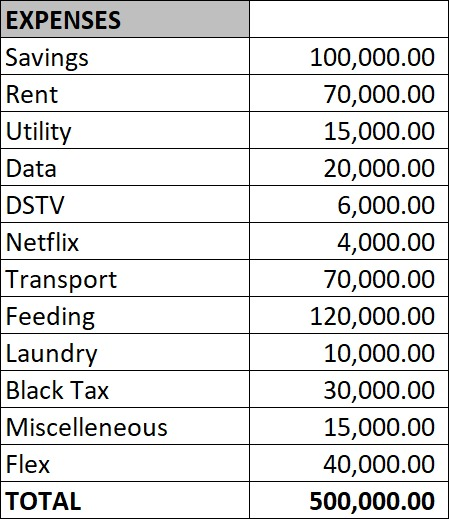 ayo_solace's tweet photo. You cannot tell me this budget will not sustain you if you are a young and unmarried person earning N500K in Lagos. https://t.co/xVASiYwUGA