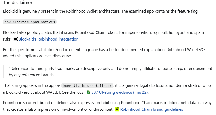 Hank69Moody's tweet photo. The pop-up message in the Robinhood app seems to have been triggered automatically. In the RH wallet app (version 37) I found that line in the code with the general warning. It is NOT specifically aimed at $wallet and was probably triggered when the new logo showed up. https://t.co/SiI0jHpkJZ
