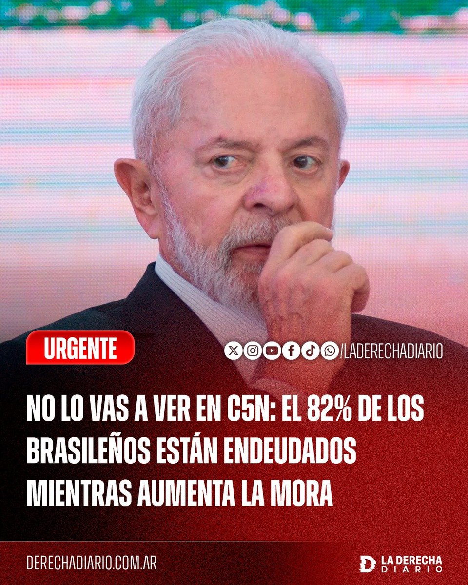 laderechadiario's tweet photo. 🚨🇧🇷 | NO LO VAS A VER EN C5N: EL 82% DE LAS FAMILIAS BRASILEÑAS ESTÁN ENDEUDADAS Y LA MORA SIGUE EN NIVELES RÉCORD

En agosto de 2026, el 82% de los hogares brasileños declaró tener algún tipo de deuda, mientras que el 29,9% tenía cuentas vencidas y el 12,5% afirmó no estar en condiciones de pagarlas. El endeudamiento se mantuvo en nivel récord por séptimo mes consecutivo.

El plazo medio de atraso subió a 65 días y el total de deudas vencidas alcanzó los R$ 592.000 millones. Además, 83,9 millones de personas estaban en situación de mora y casi una de cada cinco familias destinaba más de la mitad de sus ingresos mensuales al pago de deudas.