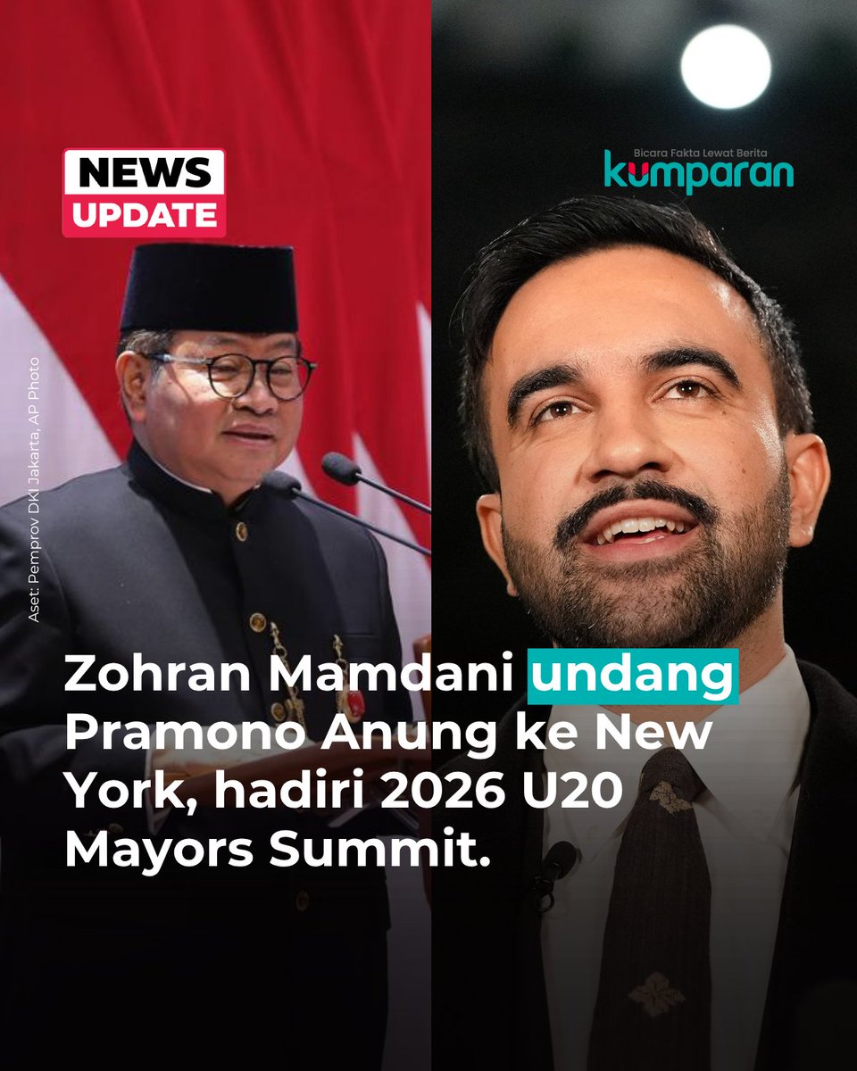 kumparan's tweet photo. Wali Kota New York Zohran Mamdani mengundang Gubernur Jakarta Pramono Anung ke New York untuk menghadiri 2026 Urban 20 (U20) Mayors Summit yang berlangsung pada 19-21 September 2026.

Di dalam surat undangan yang diterima kumparan, ada sejumlah persoalan yang akan dibahas para pemimpin kota di dunia, yakni rumah yang terjangkau, kesempatan untuk membangun kehidupan yang bermartabat dan aman, komunitas tempat mereka merasa menjadi bagian, serta masa depan yang layak huni bagi anak-anak mereka.

"Selama tiga hari, kita akan bekerja sama untuk mendorong solusi terhadap krisis perumahan, perubahan iklim, mobilitas manusia, dan peluang ekonomi," ucap Mamdani ke Pramono di dalam surat tertanggal 27 September 2026 tersebut.

Sementara, Staf Khusus Gubernur Bidang Komunikasi Publik, Chico Hakim, menyebut Pramono telah bertolak ke New York untuk memenuhi undangan tersebut. Menurutnya, Pramono juga dijadwalkan melakukan pertemuan bilateral dengan Zohran pada Minggu, 20 September 2026.

Pertemuan itu akan membahas peluang kerja sama langsung antara Jakarta dan New York, khususnya di bidang transportasi publik dan udara bersih, pengelolaan air dan ketahanan pesisir, pengelolaan sampah, serta keterjangkauan harga pangan.

“Surat undangan Mayor Mamdani jelas menempatkan perumahan, iklim, mobilitas, dan kesempatan ekonomi sebagai pekerjaan bersama kota-kota besar. Jakarta datang ke New York untuk berkontribusi, belajar, dan membawa pulang kerja sama yang bisa diwujudkan menjadi program bagi warga,” ujar Chico.

📸: Dok. Pemprov DKI Jakarta, AP Photo.
⁠
Baca selengkapnya dengan klik link di bio. Cari tahu berita update lainnya dengan download aplikasi kumparan di App Store atau Google Play.⁠
⁠
📝: newsupdate | update | news | oneliner | R203 | E099 | E158
#bicarafaktalewatberita #kumparan