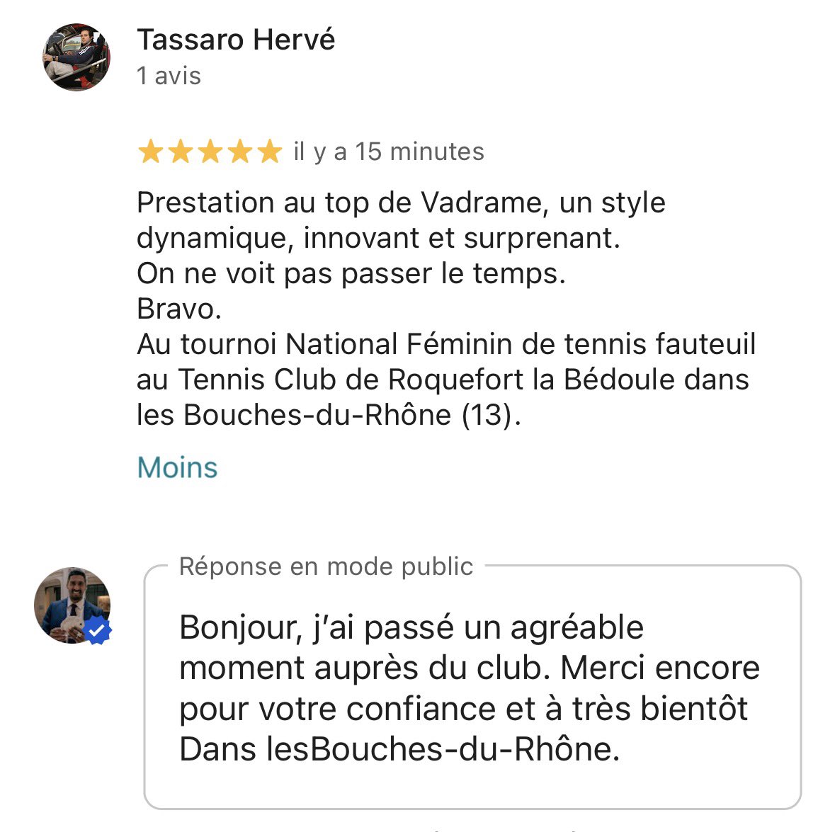LVadrame's tweet photo. ⭐ Un nouvel avis 5 étoiles qui fait plaisir.

“On ne voit pas passer le temps.”

Merci au Tennis Club de Roquefort-la-Bédoule pour sa confiance lors du Tournoi National Féminin de Tennis Fauteuil dans les Bouches-du-Rhône.

CloseUp #Tennis #Tournoi #AnimationÉvénement #Vadrame https://t.co/nrCxi8L2KE