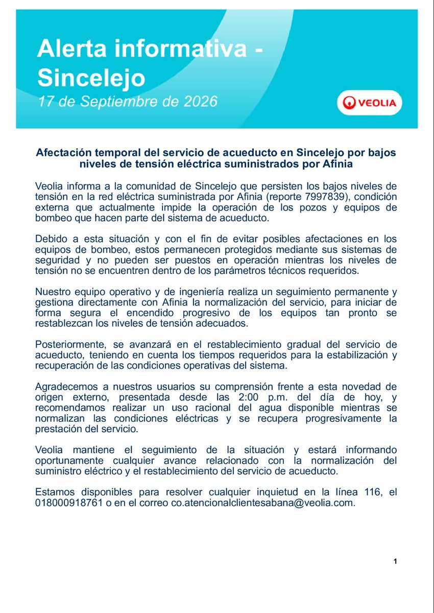 VeoliaSabana's tweet photo. Persiste afectación temporal en el servicio de acueducto de Sincelejo, por los bajos niveles de tensión en la red eléctrica suministrada por Afinia. El servicio se restablecerá de forma gradual una vez se normalice la energía. Recomendamos un uso racional del agua. 💧 #Sincelejo https://t.co/MOwmLCnLBc