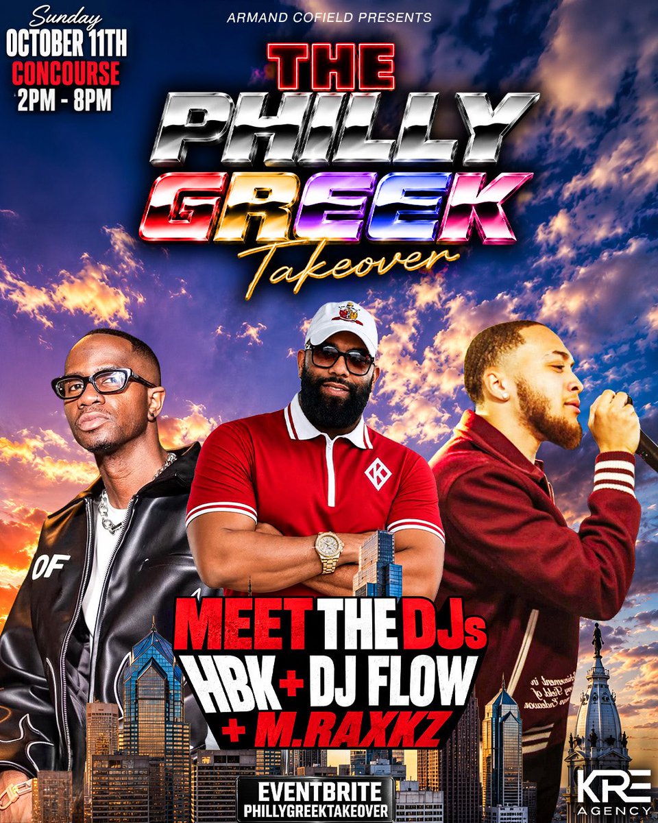 PhillyGreekTake's tweet photo. Who’s getting tickets for the Philly Greek Takeover? 👀🔥

🏛️ Greeks + non-Greeks welcome
🍽️ Brunch
🥂 Bottomless Mimosas
🍹 Open Bar 3PM–7PM
🎶 HBK + DJ FLOW + M.RAXKZ

🎟️ https://t.co/Azu8VK5yDc

#PhillyGreekTakeover #GreekLife #Divine9 #Philly https://t.co/POSesnVAU2