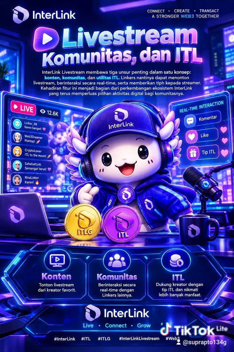 Suprapt59801861's tweet photo. LIVESTREAM, KOMUNITAS, DAN ITL
Livestream bawa 3 unsur: konten, komunitas
& utilitas ITL. Linkers bisa nonton, inter-
aksi real-time & tip ke streamer. Bagian
dari ekosistem InterLink perluas aktivitas
digital komunitas.
#InterLink #ITL #ITLG #InterLinkLivestream #Web3 https://t.co/40S5FyzcvY