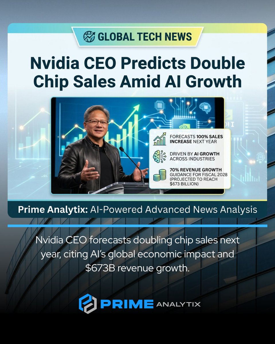 PrimeAnalytix's tweet photo. Nvidia CEO forecasts doubling chip sales next year, citing AI’s global economic impact and $673B revenue growth.

https://t.co/54Uv50VLIc

#NVIDIA #AIInfrastructure #SemiconductorMarket #ChipSales #AIInvestment #NvidiaGrowth #TechnologyInnovation #AIRevolution https://t.co/xVjwo925Jx