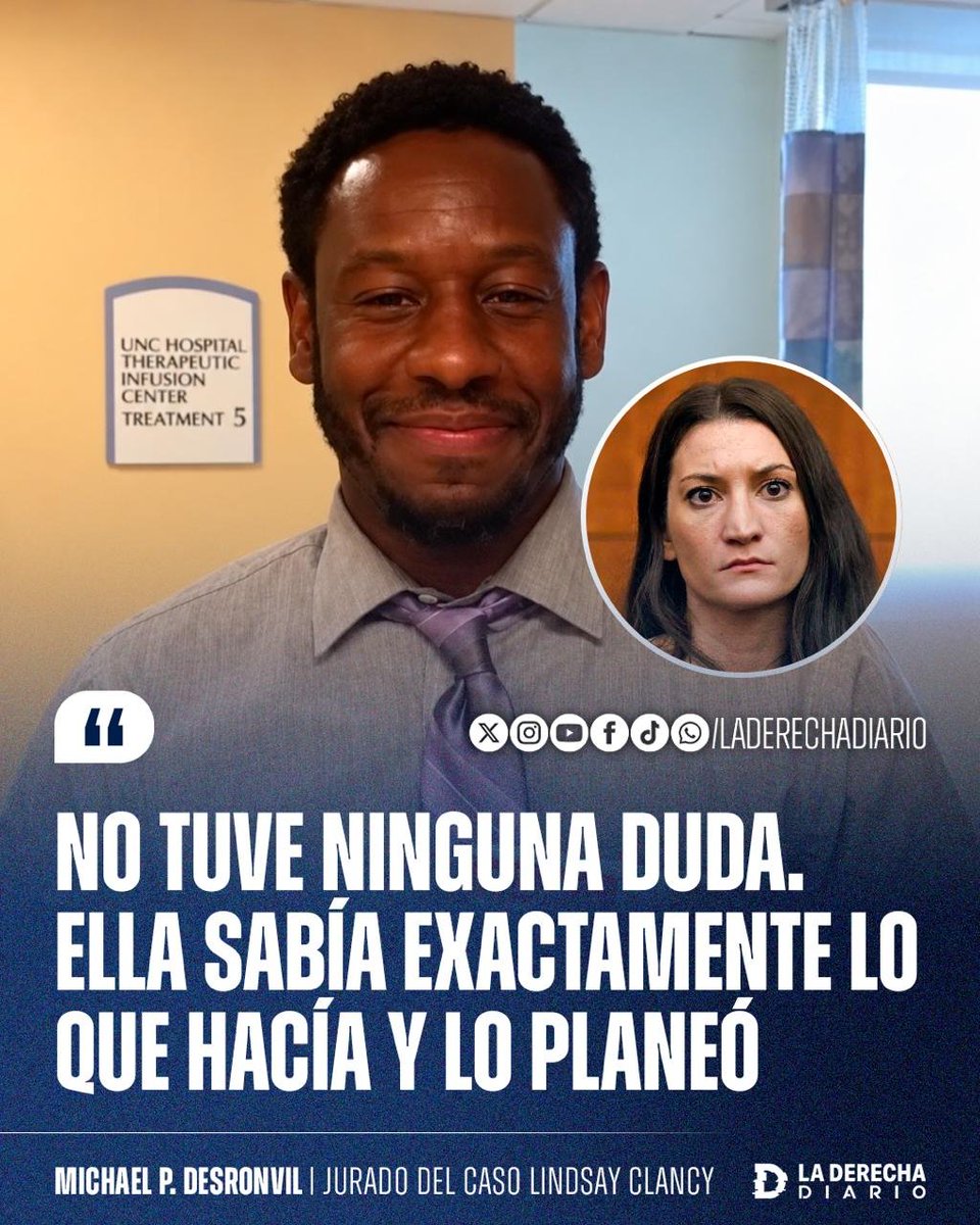 laderechadiario's tweet photo. 🚨🇺🇸 | "ELLA SABÍA EXACTAMENTE LO QUE HACÍA Y LO PLANEÓ": Michael P. Desronvil, el heroico jurado afroamericano que evitó la absolución de Lindsay Clancy y provocó la nulidad del juicio, rompió el silencio tras ser atacado por sus propios compañeros del jurado y sectores de la izquierda.

"No tuve ninguna duda. Basándome en todas las pruebas físicas, los testigos clave y lo que presentó la fiscalía, pensé que era prueba suficiente de que ella sabía exactamente lo que hacía y lo planeó", afirmó Desronvil, quien sostuvo su postura pese a la presión y la exposición pública que sufrió después del proceso.