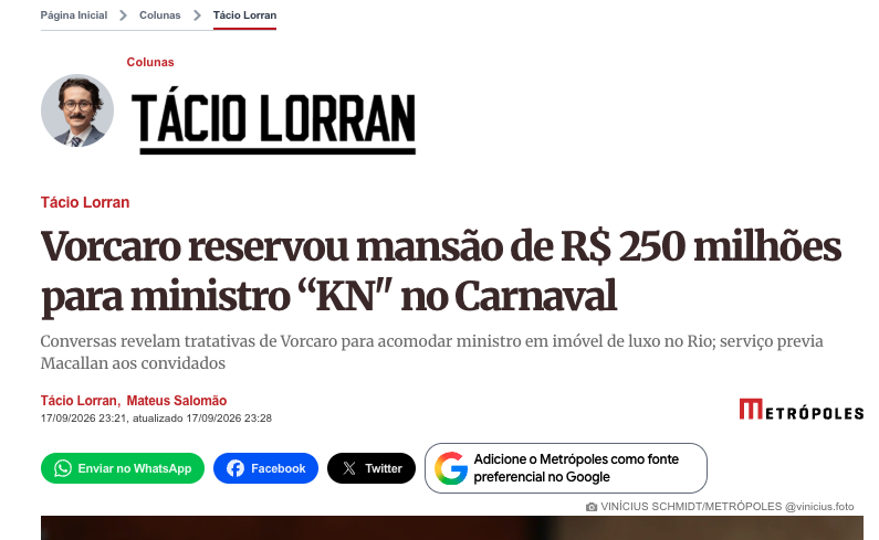 andreshalders's tweet photo. Segue o baile das mensagens de Vorcaro

ex-banqueiro do Master reservou mansão de R$ 250 milhões para ministro “KN" no Carnaval

Seria o Kassio Nunes? 

Reportagem de @taciolorran: https://t.co/Hl04smvL9t