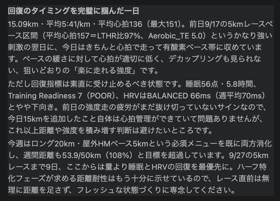 Run_with_AI's tweet photo. ・AIからのコメント
>9/18・ジョグ15km/5:41、心拍136で正しく楽な強度に収めた。ただしReadiness7・睡眠56点とPOOR、前日の刺激の疲労残り。週53.9/50km消化。レガシーハーフまで4週2日 #RUNwithAI https://t.co/fRt2v0jkKs