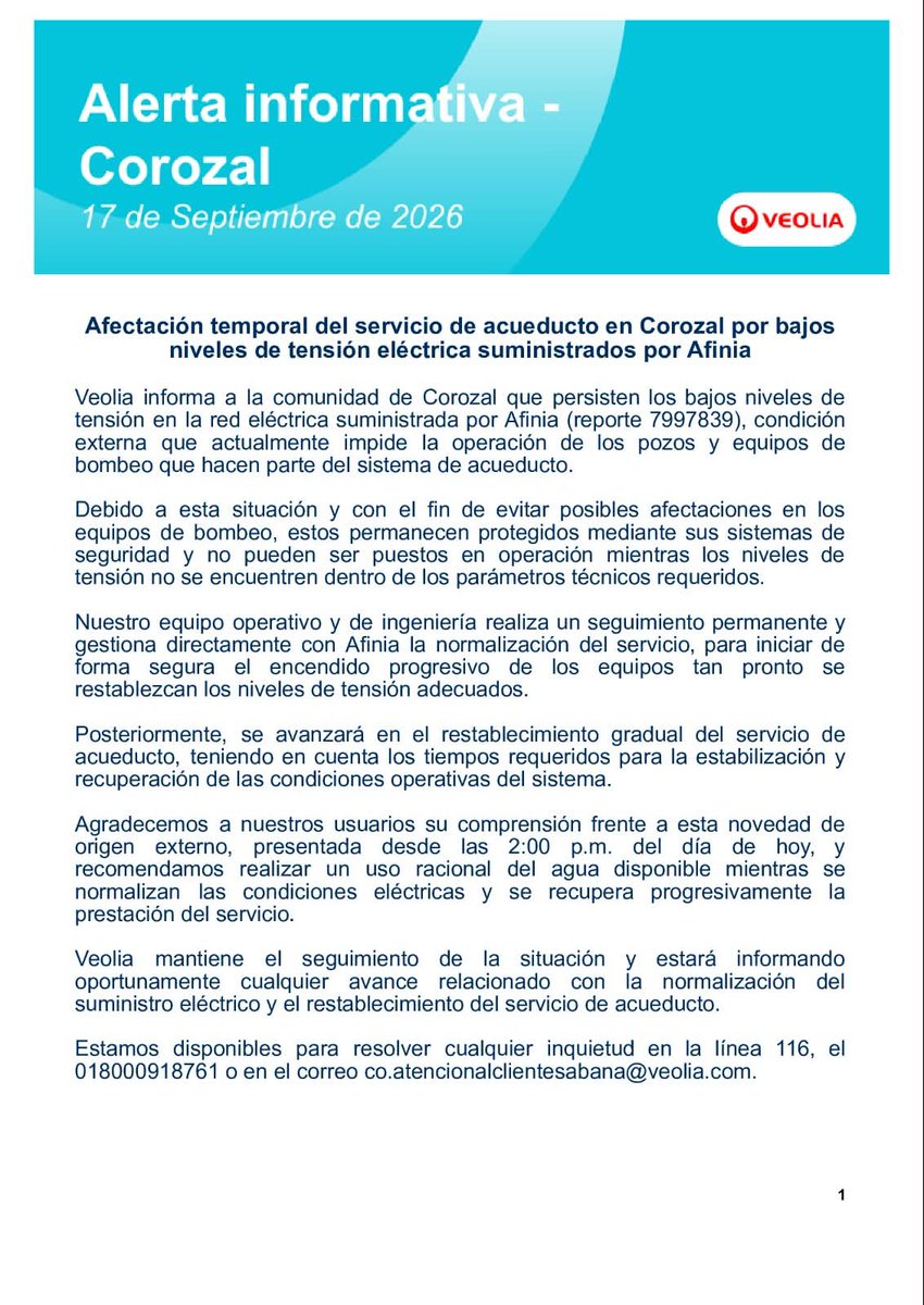 VeoliaSabana's tweet photo. Persiste afectación temporal en el servicio de acueducto de Corozal, por los bajos niveles de tensión en la red eléctrica suministrada por Afinia. El servicio se restablecerá de forma gradual una vez se normalice la energía. Recomendamos un uso racional del agua. 💧 #Corozal https://t.co/JmjKp3sNlN