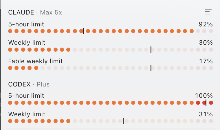 richchetwynd's tweet photo. Almost cooked both subscriptions in the 5 hour window. Lucky I only have 11 minutes until my Codex limit resets. Sweet visuals from @antiburn_ai https://t.co/GNQLJ5sHLP