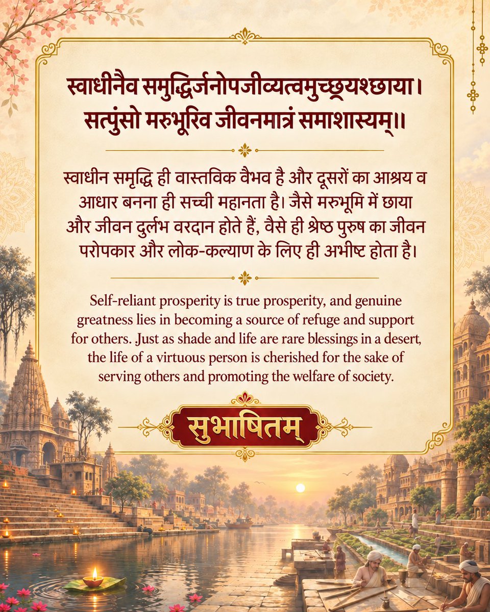 MyGovSanskrit's tweet photo. स्वाधीनैव समृद्धिर्जनोपजीव्यत्वमुच्छ्रयश्छाया।
सत्पुंसो मरुभूरिव जीवनमात्रं समाशास्यम्॥
#MorningMusings
#MorningMotivation
#Subhashitani https://t.co/yNo7qv1UNU