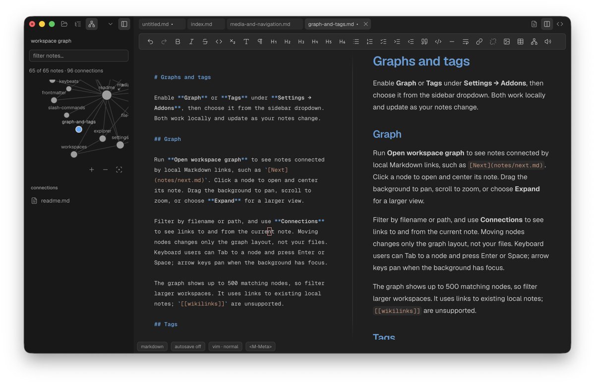betweenmonths's tweet photo. hey so uhh, we added support for graph navigation, other formats (tho md is best), vim mode and git and now have a "publish" like export (also reduced startup time to <400ms)

we also have a discord now if you wanna follow along before repo is public!
https://t.co/2pzxz8u45p https://t.co/F17IrYYeEI