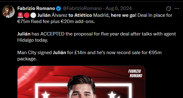 Jugsor's tweet photo. @menott__ @Bargcelona10 "100 millones por Julian son un insulto". Es exactamente el mismo jugador que cuando ficho por el Atlético, solo que ahora lo fichas siendo mayor. https://t.co/dSeK7N8Ihh