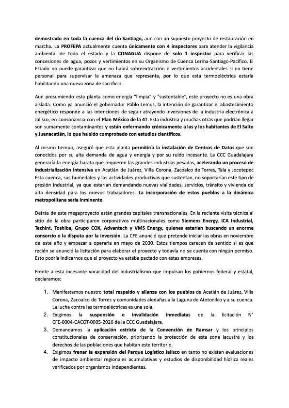 rmartinmar's tweet photo. "Nueva termoeléctrica en Acatlán amenaza el Sitio RAMSAR Laguna de Atotonilco y otros humedales: CFE y transnacionales detrás del proyecto".
Pronunciamiento de 12 colectivos y organizaciones. https://t.co/9FHfwrU6a7