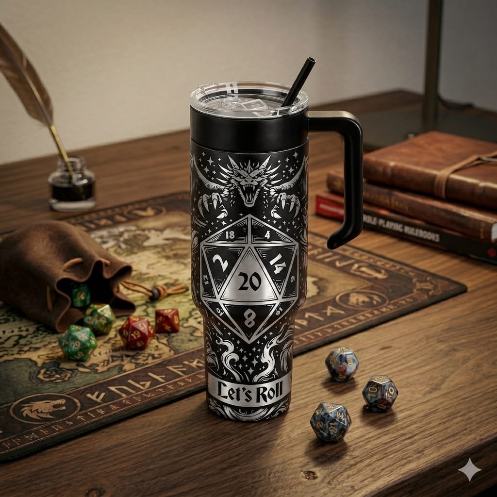 PrattWorksShop's tweet photo. Let’s Roll D20 wrap, laser-etched on a real Makerflo tumbler in our small McKinney shop. $35. Ships in a couple days. https://t.co/QALq3jX11E

#DND #TabletopGaming #MadeInTexas https://t.co/m2lbXluw1m