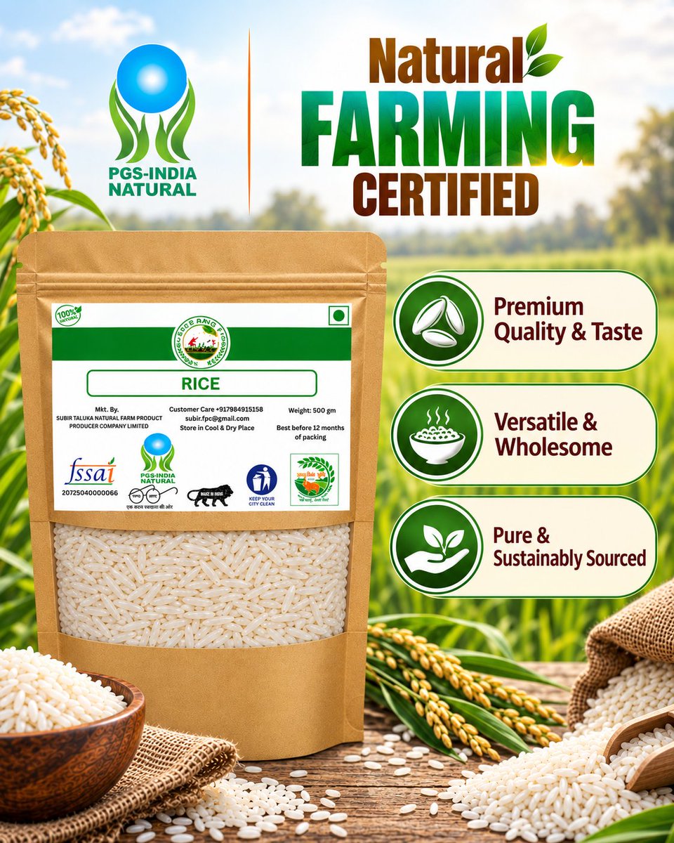AgriGoI's tweet photo. Go Natural🌿 

Subir Taluka Natural Farm Product Producer Co. Ltd., #Dang #Gujarat #FPO, with 750 farmer members, cultivates paddy through natural farming practices using on-farm bio-inputs such as Ghanjeevamrit, Agniastra & Beejamrit.

Natural farming helps reduce the cost of cultivation, improves soil nutrient content, enhances microbial activity & better farm outcomes.

📞 FPO Contact:
Sh. Ganesh Bhai 
 79849 15158

Click to buy directly from the FPO:
https://t.co/SmsBgFki80

#NaturalFarming #Cereals #BioInput #SoilHealt