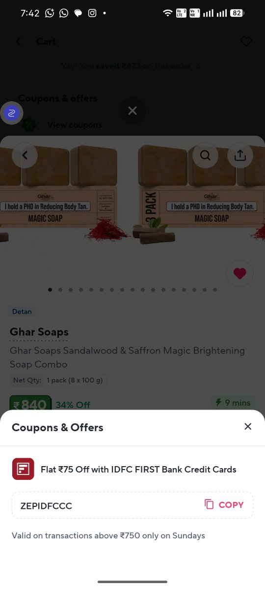 khauf0007's tweet photo. @ZeptoNow Hi Zepto team — I’m trying to use the IDFC Bank credit card offer, but at checkout the promo/code option isn’t showing anymore. Earlier it showed ₹75 off, now there’s no field, and when I do enter the code it errors out. Cart value is ₹750+. Please help fix. #Zepto https://t.co/4extZHreIF