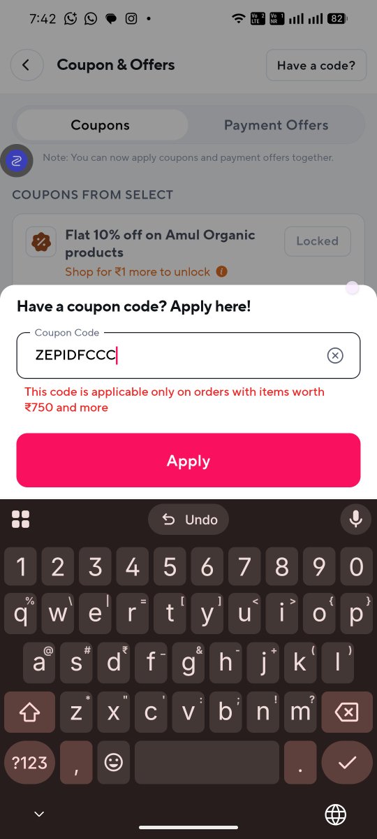 khauf0007's tweet photo. @ZeptoNow Hi Zepto team — I’m trying to use the IDFC Bank credit card offer, but at checkout the promo/code option isn’t showing anymore. Earlier it showed ₹75 off, now there’s no field, and when I do enter the code it errors out. Cart value is ₹750+. Please help fix. #Zepto https://t.co/4extZHreIF
