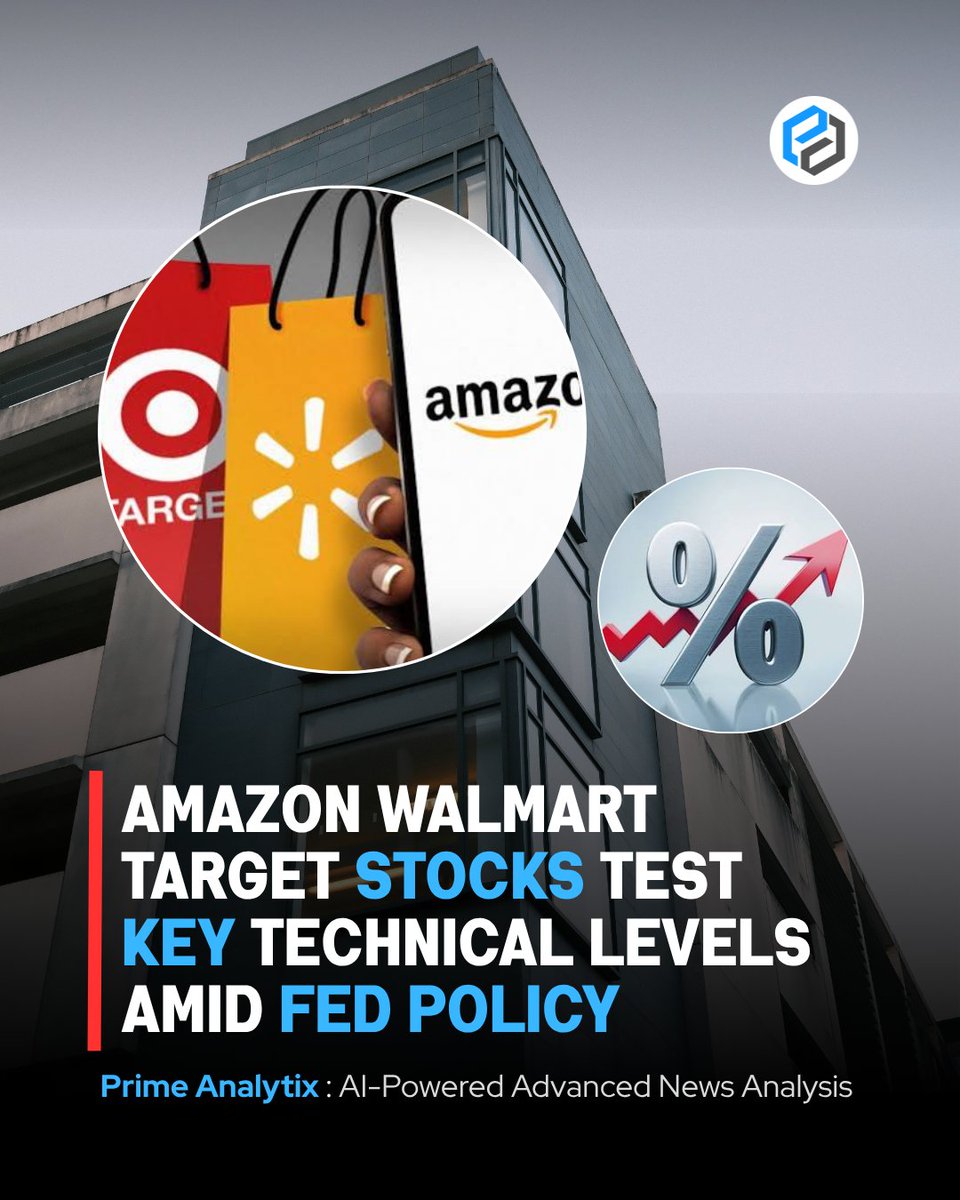 PrimeAnalytix's tweet photo. Retail stocks test key levels as Amazon, Walmart, and Target face technical and macroeconomic risks amid Fed policy outlook.

https://t.co/ClDi113LmS

#RetailStocks #TechnicalAnalysis #FedPolicy #MarketVolatility #StockLevels #ConsumerSentiment #FinancialMarkets #Investing #Fed https://t.co/PzuB6atqD3