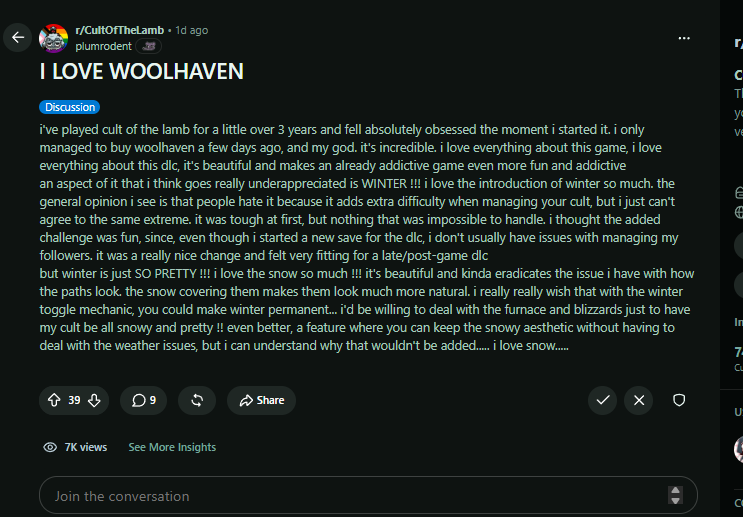 cultofthelamb's tweet photo. woolhaven has been out for almost 9 months now, but seeing people like this gush over it to this day pleases the lamb greatly https://t.co/6osweslylM