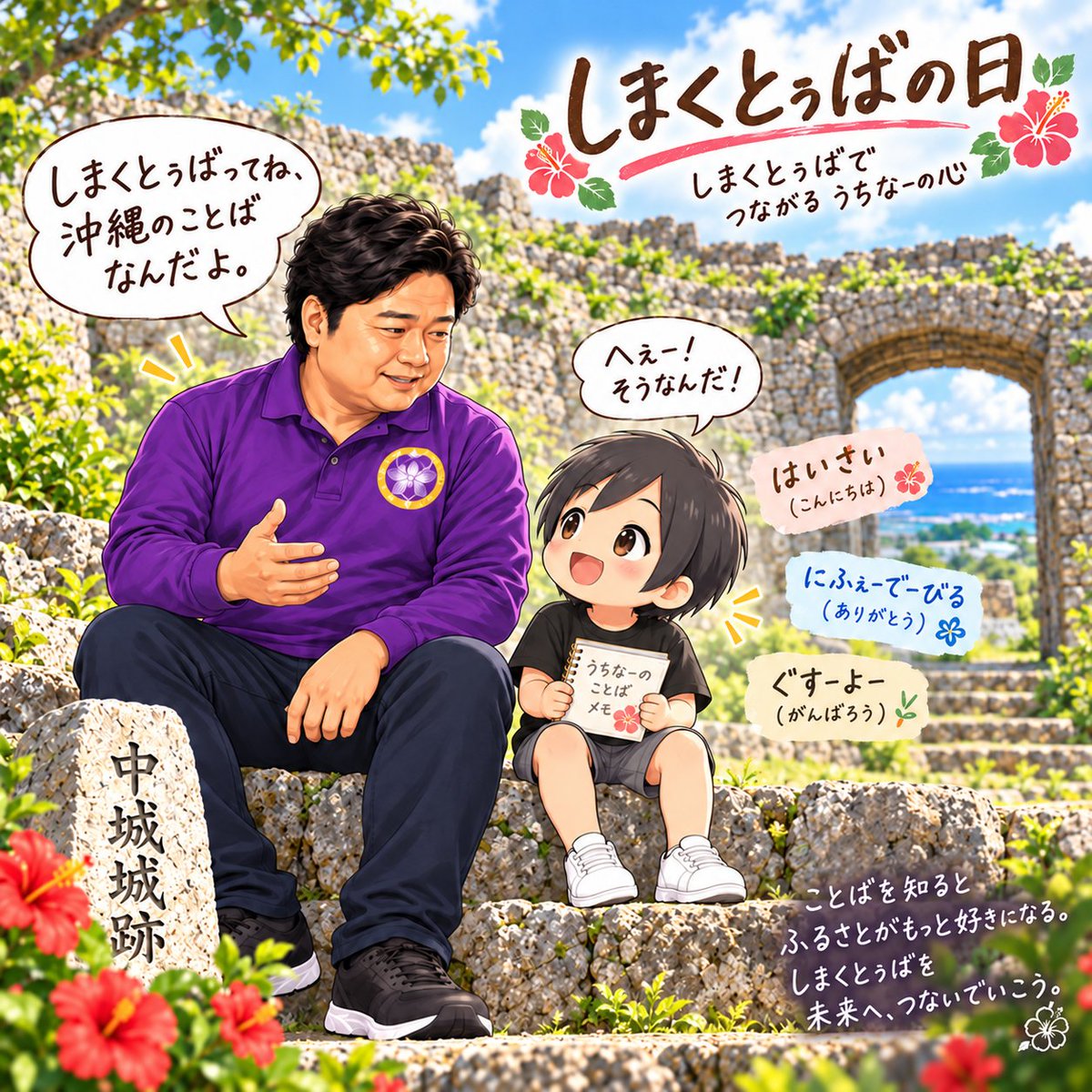 rosado555338's tweet photo. 今日は「しまくとぅばの日」🌺
この前の中城城跡のイラストからつながって、
今度はよなみねさんがちびマヨ君に、沖縄のことばをやさしく教えてくれました😊
「しまくとぅばってなぁに？」
ちびマヨ君も興味津々✨
ことばを知ると、その土地がもっと好きになる🌺

@マヨさん@mno_real2 @よなみねさん@Syuu_9s @浅瀬さん@Hama_pi_

よかったら見てください😊