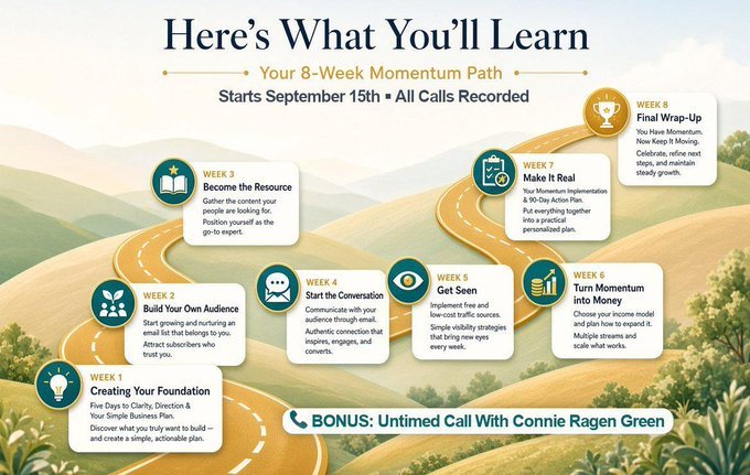 YvonneAJones's tweet photo. The 8-week "The Momentum Method" with @ConnieGreen began last Tuesday. It's not too late to join us. Build an Online Business That Creates Income You Can See, Expand Upon, and Spend! This includes a private call with Connie and much more.
https://t.co/FcnQjtpyX1 https://t.co/ZZ3voWjnJC