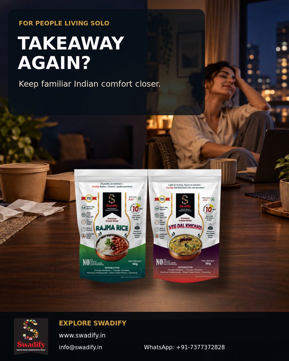 Swadify_foods's tweet photo. Takeaway again? 🥡 Living alone can turn food ordering into a daily
default.
Keep familiar Indian comfort within reach with Swadify Rajma
Rice and Veg Dal Khichadi.
https://t.co/2YzqJG20tH
info@swadify.in
WhatsApp: +91-7377372828
#Swadify #ReadyToEat https://t.co/pT2mJHIbVB