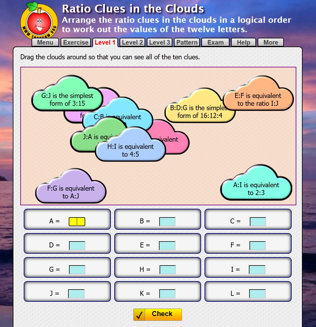 Transum's tweet photo. Can you work out the value of each letter using the clues in the clouds? Put your ratio skills to the test as you drag the clues around and decide which to use first. Logical thinking required. Have fun!

https://t.co/hLQJsJxW4a

#mathsresources #mathschat #mathstoday #mathchat https://t.co/slGtVQaJf5