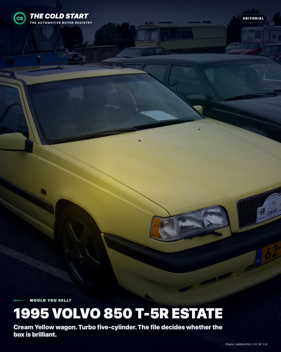 steves2J's tweet photo. WOULD YOU SELL? 1995 Volvo 850 T-5R Estate.

Cream Yellow wagon, turbo five-cylinder, front drive, and Porsche-era folklore.

The filter: stock parts, timing belt, PCV, turbo/cooling, ABS, suspension, rust, and records.

Would you sell the box?

https://t.co/SMEqJOgIFv https://t.co/dKEe5sVduB