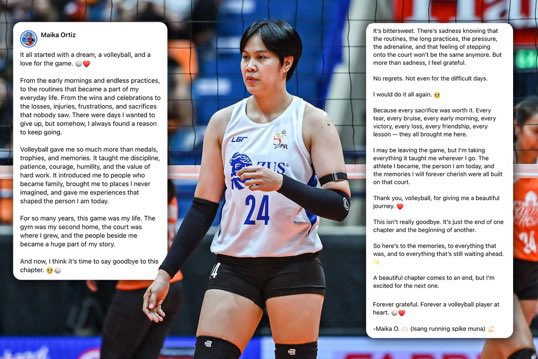 OneSportsPHL's tweet photo. THE FINAL RUNNING SPIKE 🥹🏐

Maika Ortiz is officially stepping away from the game, closing a remarkable volleyball journey that took her from UST to the national team and the professional ranks, leaving behind years of memories, sacrifices, and achievements.

#PVL2026 https://t.co/p6T8RCt0BE