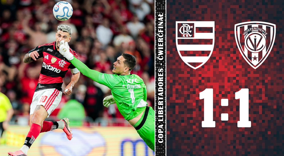 Flamengo_com_pl's tweet photo. 💪 Flamengo zremisowało 1:1 z Independiente del Valle, ale dzięki zwycięstwu 2:0 w pierwszym meczu awansowało do półfinału Copa Libertadores. 

😮 Nie obyło się bez emocji, gospodarze stracili gola, a po czerwonej kartce Jorginho musieli radzić sobie w osłabieniu. 

🏆 Bohaterem został Arrascaeta, który wykorzystał fatalny błąd bramkarza rywali i przypieczętował ósmy w historii klubu awans do półfinału, gdzie Flamengo zmierzy się z Estudiantes. 

#ligabrazylijska 

🔗 Więcej: https://t.co/GnfgAQS24j