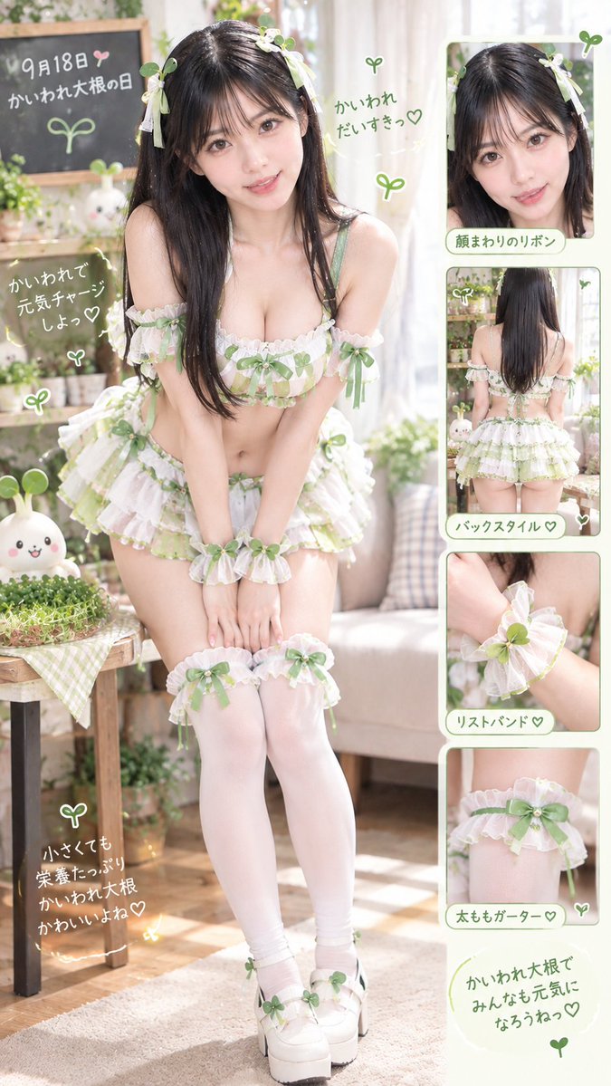 zwozjc's tweet photo. かいわれ大根をイメージし他衣装、全身見せちゃう♡
#AIart
#Ai美女
#かいわれ大根の日 https://t.co/bNgtO8a2yo