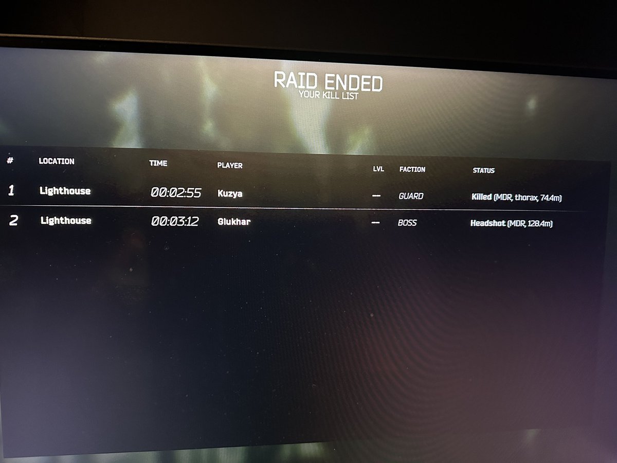 Nick28T's tweet photo. Trading headshots with the Boss is always fun….. I hate lighthouse now 😭 #Tarkov https://t.co/Ck1JFHp3Tu