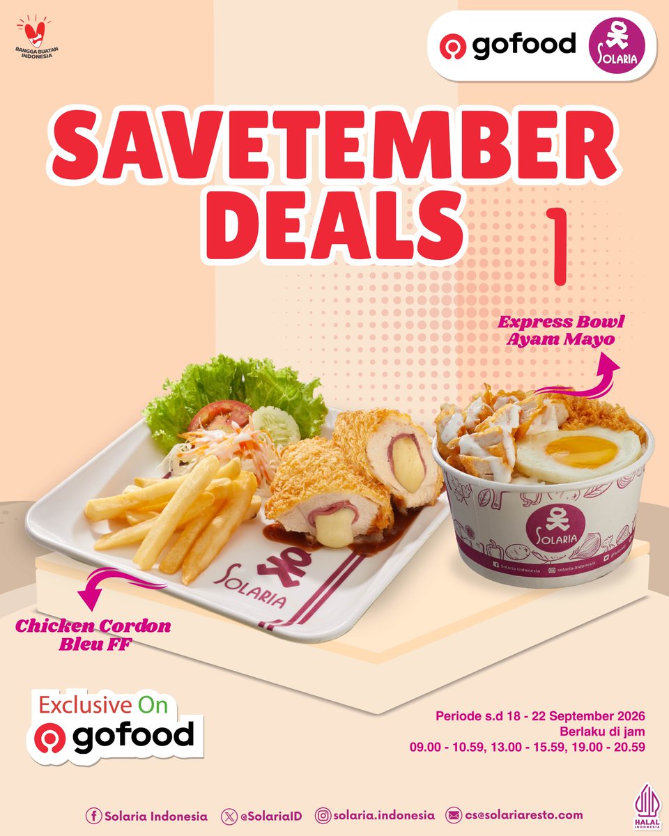 SolariaID's tweet photo. September makin seru dengan Savetember Deals di GoFood!

Ada Paket Savetember 1 atau Savetember 2 yang siap nemenin waktu makan kamu loh

Yuk pilih paket favoritmu dan langsung checkout di GoFood ya!

*Syarat & ketentuan berlaku
*Berlaku jam 09.00-10.59, 13.00-15.59, 19.00-20.59
*Berlaku di aplikasi GoFood
*Periode s.d 22 September 2026

#Solaria #solariaresto #solariaindonesia #promosolaria #promoGoFood