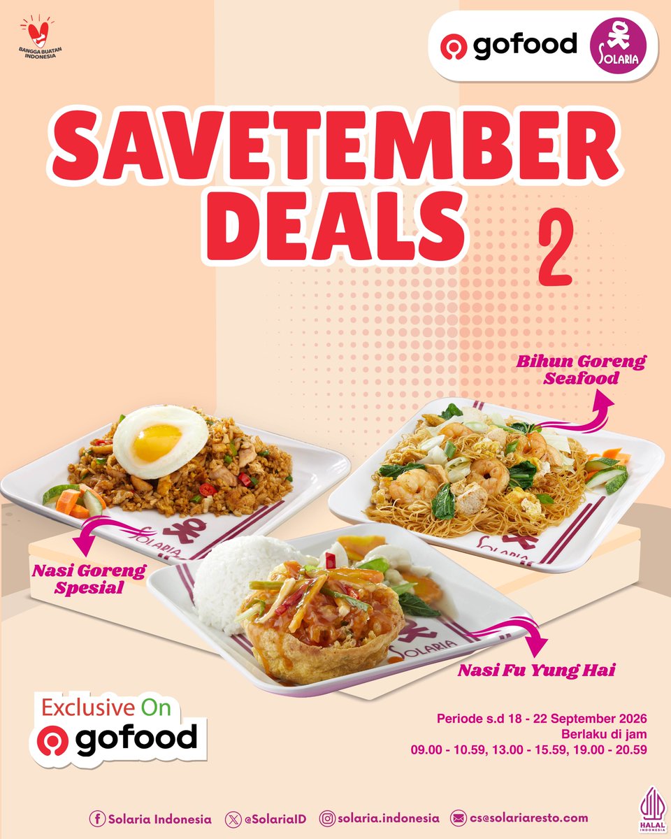 SolariaID's tweet photo. September makin seru dengan Savetember Deals di GoFood!

Ada Paket Savetember 1 atau Savetember 2 yang siap nemenin waktu makan kamu loh

Yuk pilih paket favoritmu dan langsung checkout di GoFood ya!

*Syarat & ketentuan berlaku
*Berlaku jam 09.00-10.59, 13.00-15.59, 19.00-20.59
*Berlaku di aplikasi GoFood
*Periode s.d 22 September 2026

#Solaria #solariaresto #solariaindonesia #promosolaria #promoGoFood