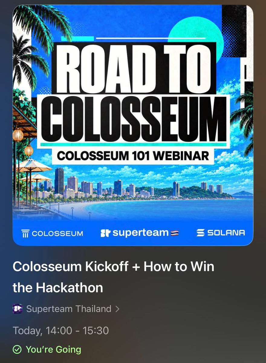ARTHA_WORLD's tweet photo. Road to Colosseum starts now!  
First up is Colosseum 101: how the hackathon works and what judges look for. 
 Sign up and come through, 2:00-3:30 PM:
@SuperteamTH  @solana  @colosseum https://t.co/bhkUSISoSZ