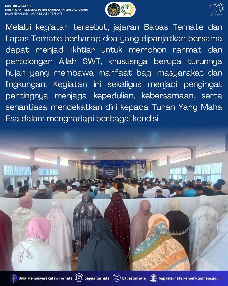 bapasternate's tweet photo. Bapas Ternate Bersama Lapas Ternate Laksanakan Salat Istisqa, Memohon Turunnya Hujan

#kemenimipas
#guardanguide
#infoimipas
#bapasternate
#humasbapasternate https://t.co/GijyZSRdRP