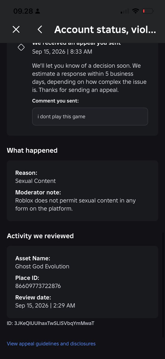 chaacapi's tweet photo. day 3 since my roblox account got banned (username : shurabiew).my account was suddenly banned with the reason“your game broke the rules”and the violation was Sexual Content.the problem is *I have never created or developed the 3 game mentioned* @Roblox https://t.co/J39iQzjVKW