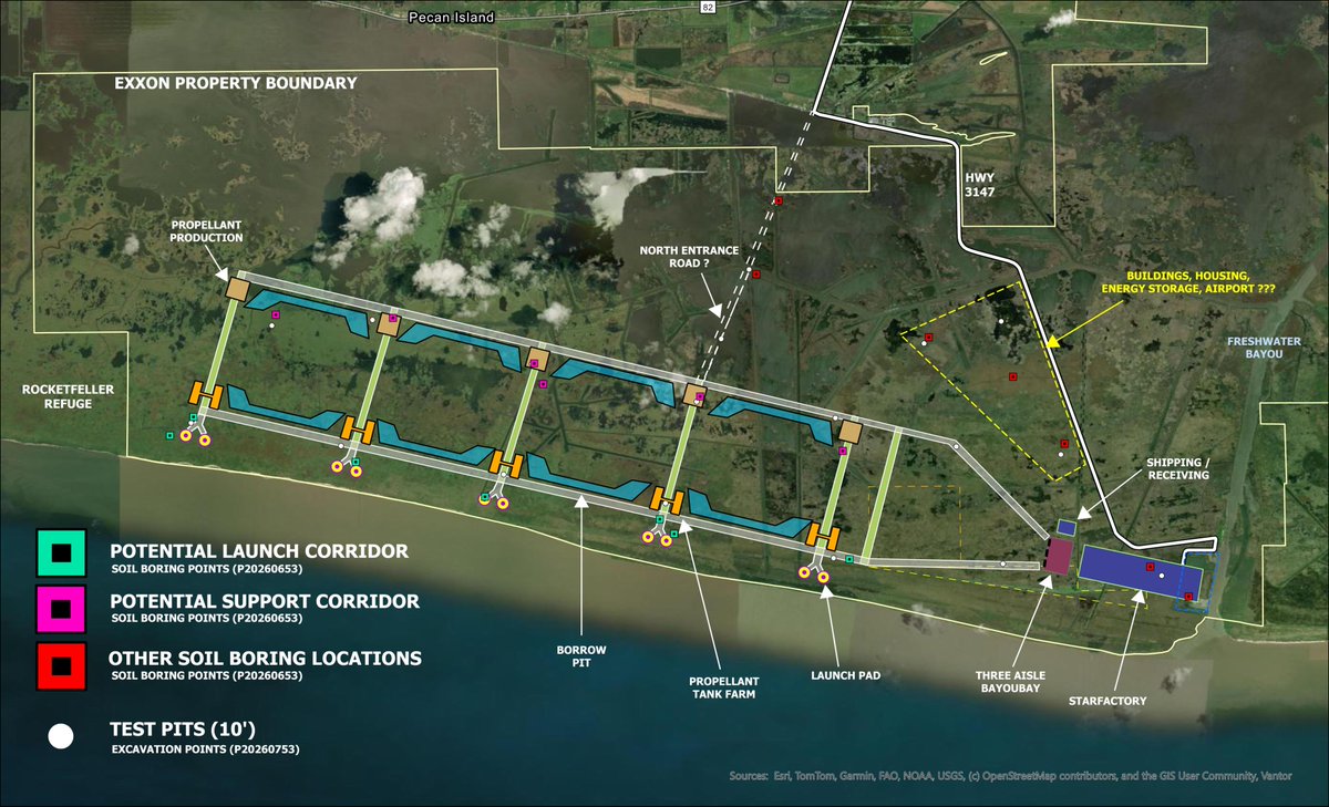 thelacoast's tweet photo. With no new permits filed again this week for Starbase LA, I figured I would overlay the render on the map to see what that looks like.  The location and size of the launch complex area is confirmed by both the soil boring points and the canals in the render (which are the actual canals on the property). 

I tried to label things best I could but I know there are people following me that are way smarter than me.  Feel free to let me know what you think and I can tweak this map accordingly.  Keep in mind these are just conceptual renders and what they actually construct could be drastically different.  We are just having fun waiting on permits 😂